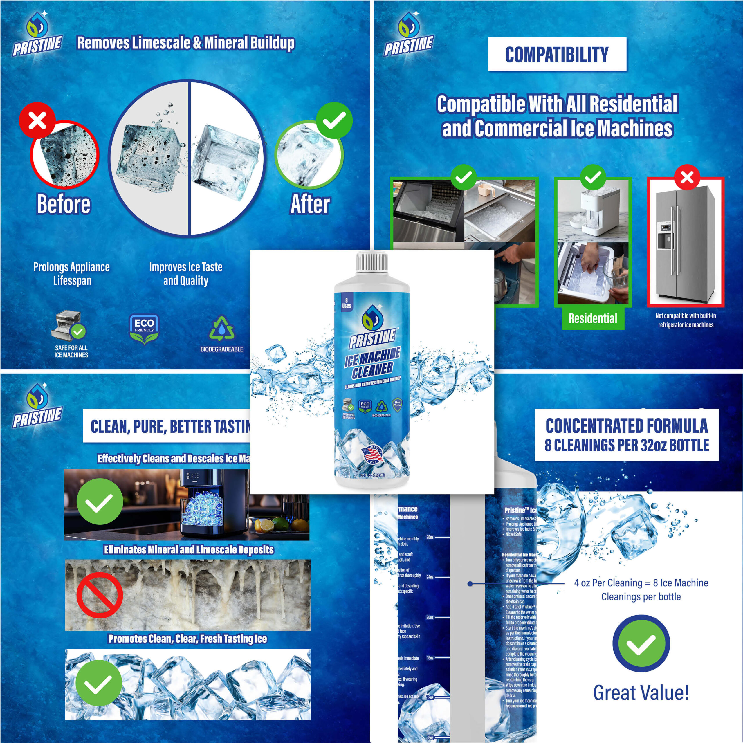 Ice Machine cleaning product packaging surrounded by Amazon A+ content images.
