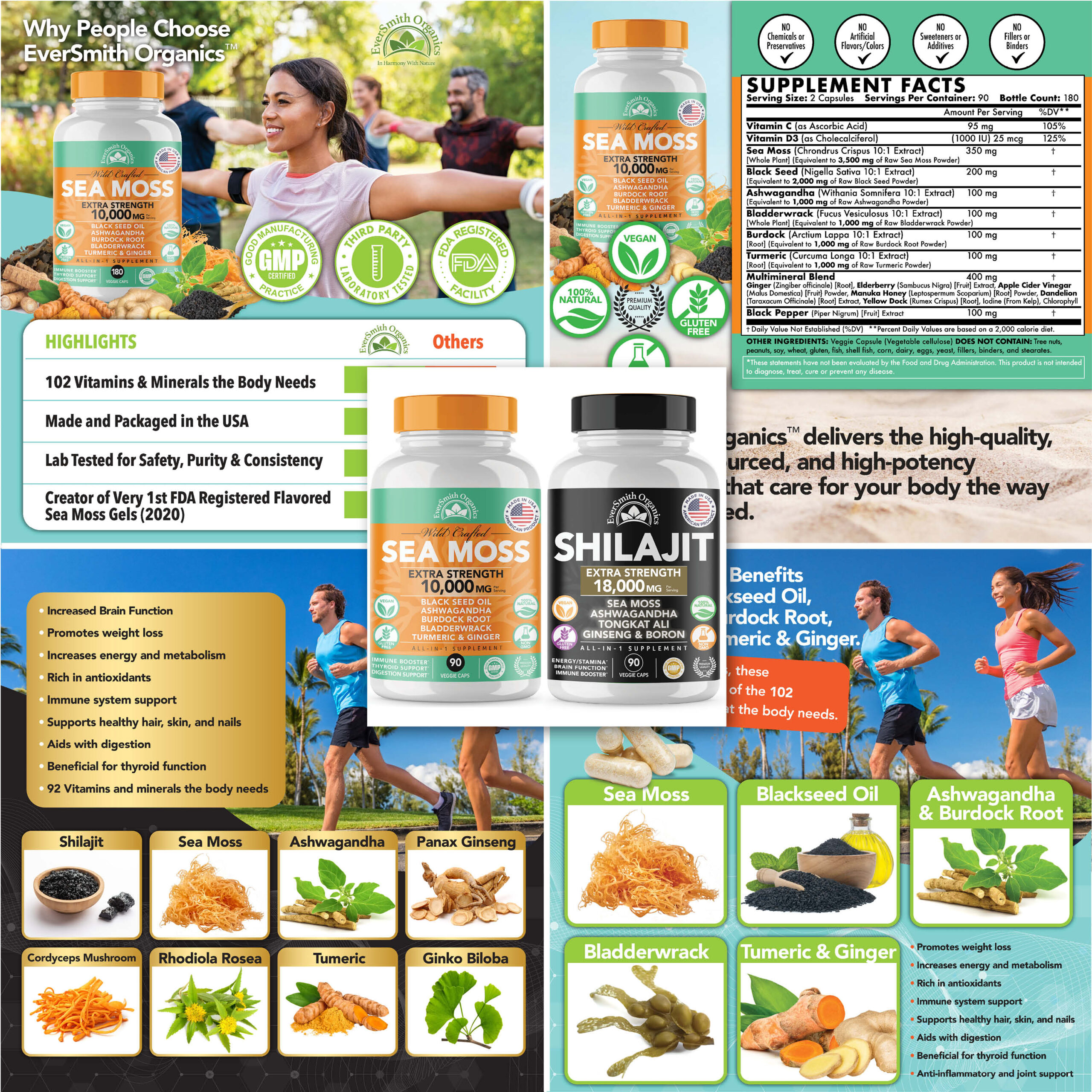 EverSmith Sea Moss product packaging surrounded by Amazon A+ content images.